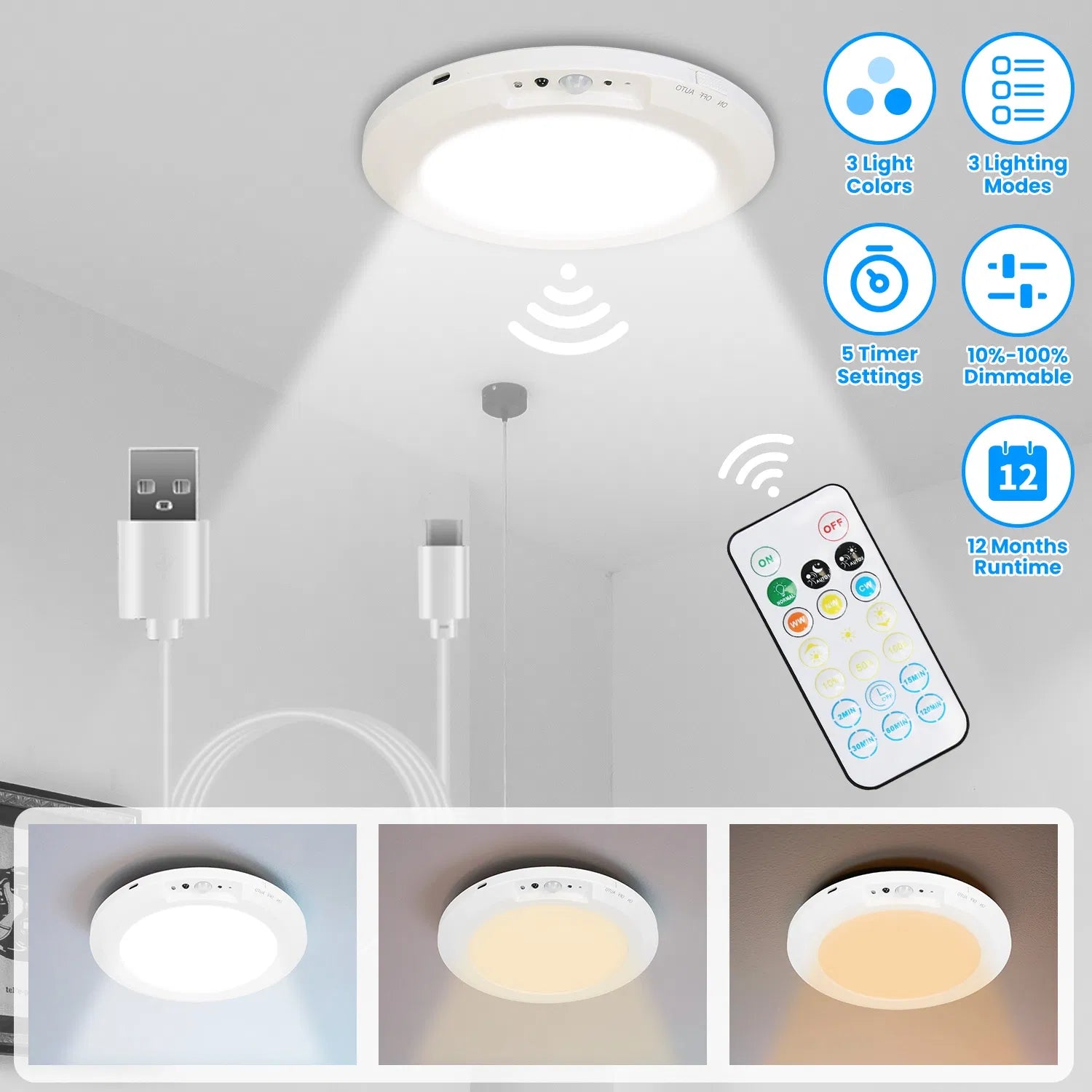 Magnetic Rechargeable Ceiling Light with Motion Sensor